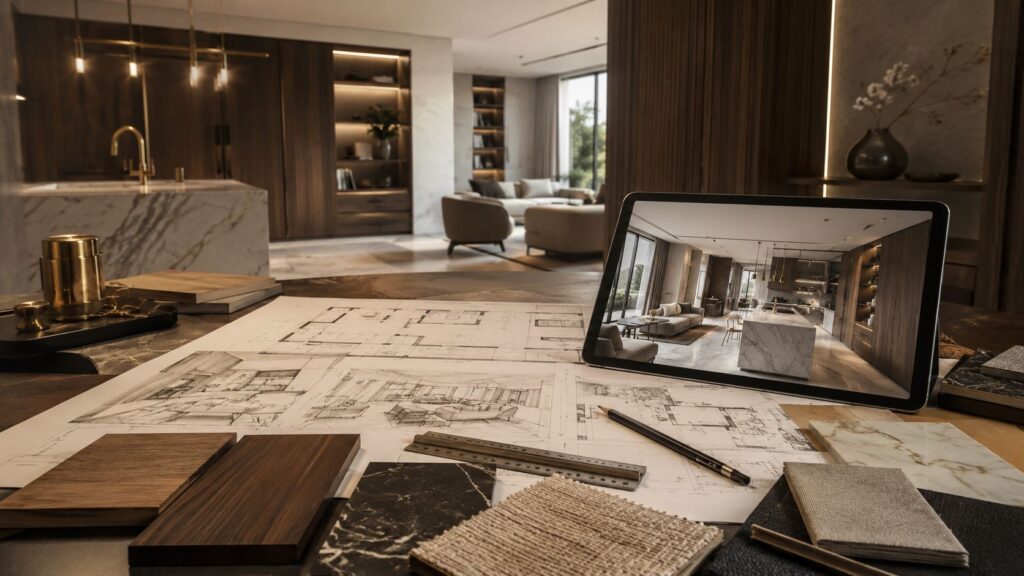 Progettazione arredamento su misura con disegni, materiali e render di interni